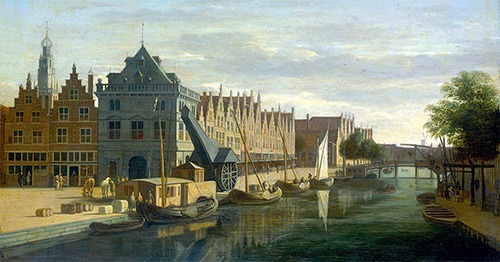 the weigh house and the spaarne river by Gerrit Berckheyde around 1670