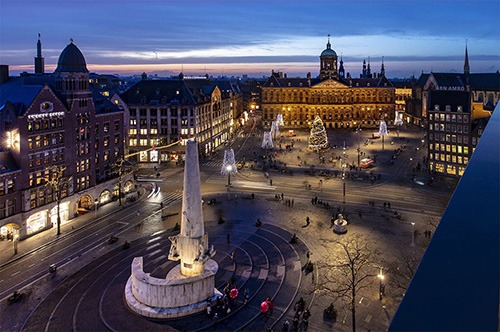 deserted royal palace dam square amsterdam in twilight