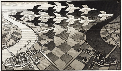 famous drawing from Escher is a flock of birds flying from day to night at escher museum the hague