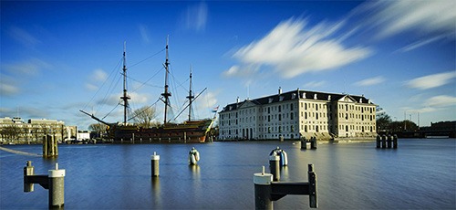 the 17th century flute ship in front of the maritime museum amsterdam