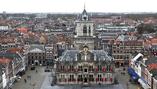 a view of the market square delft and city hall seen from the new church tower market square delft