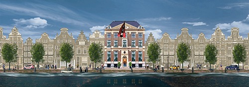 artist impression of one of the museums along amsterdam canals with amsterdam flag, three andreas crosses, in top