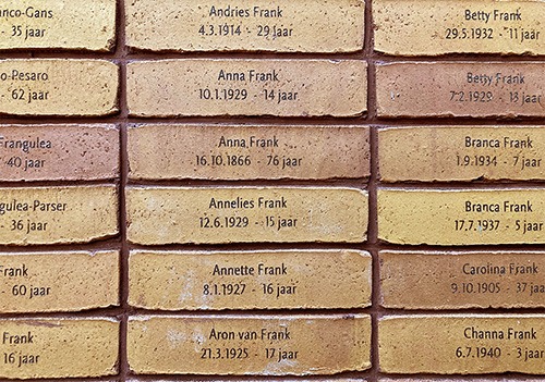 anne frank's memorial brick is one of the 102000 bricks at the national holocaust monument amsterdam born as annelies maria frank on 12.6.29 died at the age of fifteen